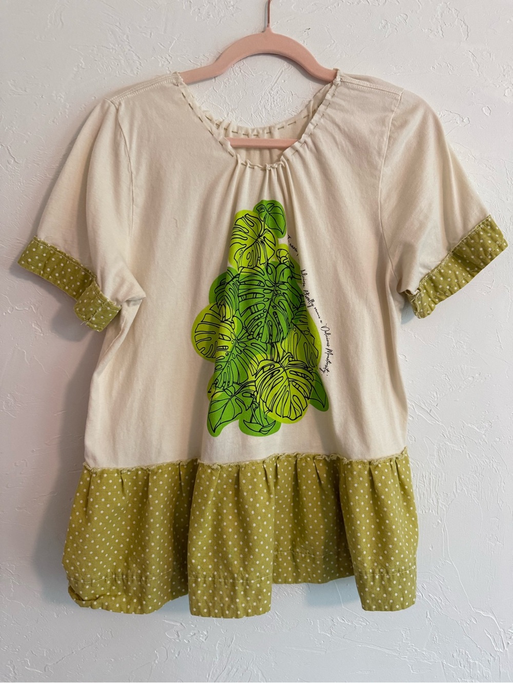 Upcycled Green Polka Dot Monstera Leaf and Flower Tunic Size L